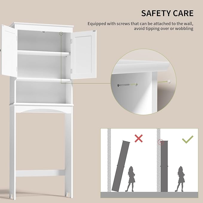 Gizoon Over the Toilet Storage Cabinet with Adjustable Shelf, White | Bathroom Space Saver Organizer Above Toilet with Open Shelf and Double Doors, Taller Wooden Free Standing Toilet Rack