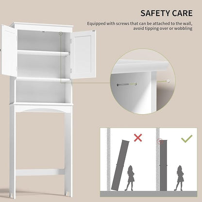 Gizoon Over the Toilet Storage Cabinet with Adjustable Shelf, White | Bathroom Space Saver Organizer Above Toilet with Open Shelf and Double Doors, Taller Wooden Free Standing Toilet Rack