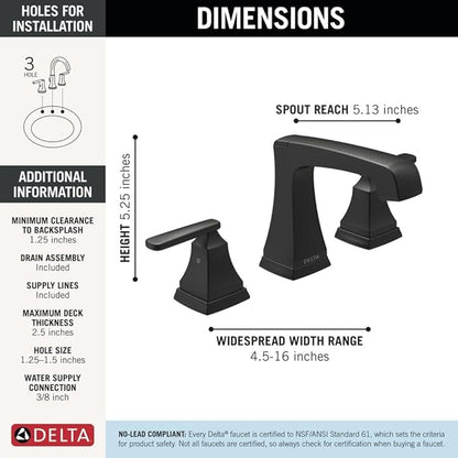 Delta Ashlyn Matte Black Bathroom Faucet 3 Hole, 8 Inch Widespread Bathroom Sink Faucet for Vanity, Metal Push-Pop Drain Assembly, Matte Black 3564-BLMPU-DST