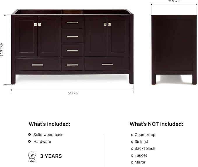 ARIEL Cambridge 60-inch Bathroom Vanity Base Cabinet,Solid Wood, 4 Soft Closing Doors, 6 Dovetail Drawers, Espresso
