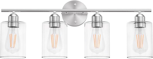 Espird Bathroom Vanity Light Fixtures Brushed Nickel,4 Lights Rustic Farmhouse Vanity Bar Lighting Over Mirror Modern Industrial Wall Sconces Lamp with Cylinder Glass Shade