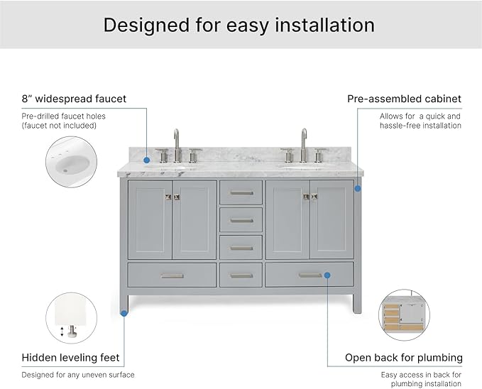 ARIEL Cambridge 60-inch Bathroom Vanity with Sink,Solid Wood, 1.5-inch Italian Carrara Marble Countertop & Backsplash, Double Oval Porcelain Sink, 4 Soft Closing Doors, 6 Dovetail Drawers, Grey
