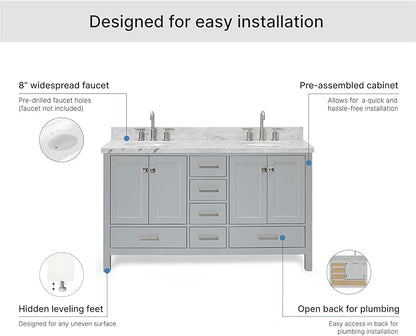 ARIEL Cambridge 60-inch Bathroom Vanity with Sink,Solid Wood, 1.5-inch Italian Carrara Marble Countertop & Backsplash, Double Oval Porcelain Sink, 4 Soft Closing Doors, 6 Dovetail Drawers, Grey