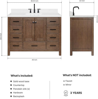 DKB Beckford 48-Inch Brown Oak Single Bathroom Vanity with Sink, 1.5-Inch Edge Carrara White Quartz Countertop & 4" Backsplash, Soft-Closing Doors & Drawers, Solid Oak Wood Construction