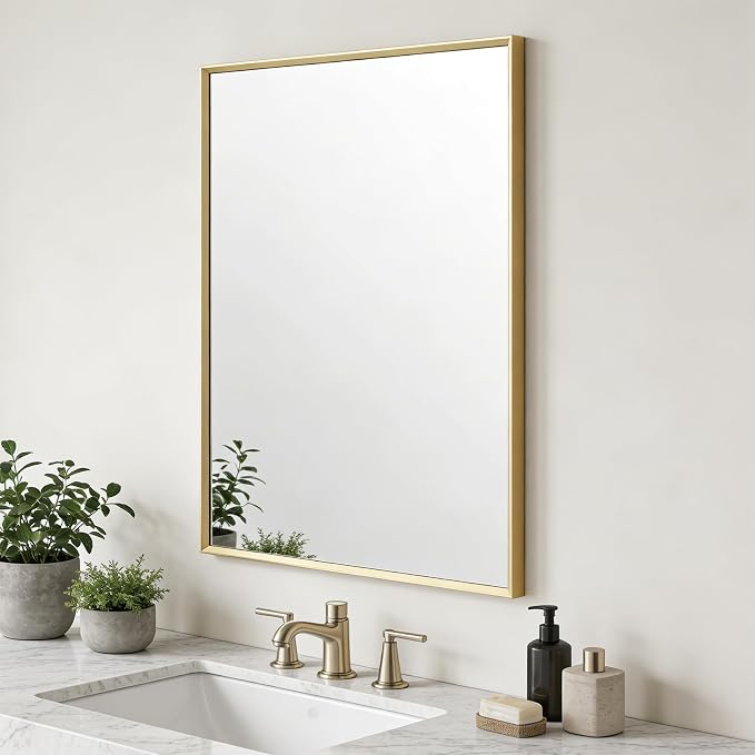 Bathroom Mirror 30" x 20" Brushed Gold Beveled Framed Mirror for Over Sink | Rectanglar Modern Farmhouse Wall Mirror, Tempered Glass, Anti-Rust, Hangs Horizontally or Vertically