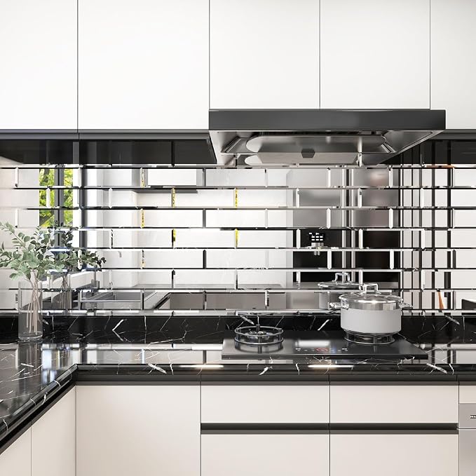 Peel and Stick Mirror Backsplash Tiles, Silver, 4x12 Inch, Beveled Mirror Subway Tiles for Kitchen Backsplash Bathroom Wall, Pack of 15 Pcs