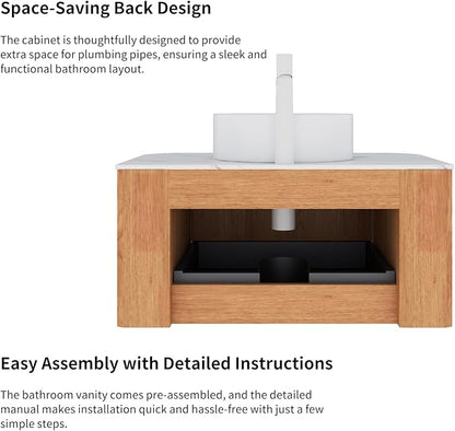 Yayzy 48" Floating Bathroom Vanity with Sink, Solid Wood Fluted Cabinet, White Round Ceramic Basin & Faux Marble Top, Soft-Close Drawer, Pre-Assembled, Natural Woodgrain