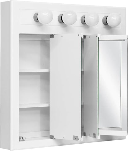 Design House Concord Medicine Cabinet, 3 Mirrored Doors, Pre-Assembled, Surface Mount, 4 Lights, White Wood Frame Wall Cabinet, 30 in W x 5 in D x 30 in H, 532382-WHT