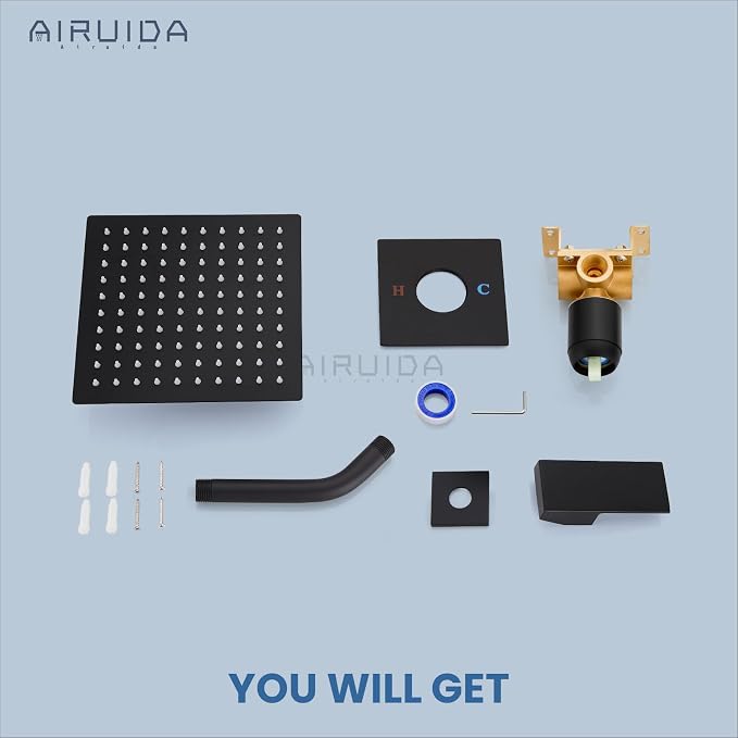 Airuida Matte Black Shower Faucet Set,8 Inch Shower Valve Kit | Square Showerhead,Female Thread Rough-in Valve,Bathroom Rain Shower System,Single Function Handle