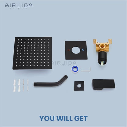 Airuida Matte Black Shower Faucet Set,8 Inch Shower Valve Kit | Square Showerhead,Female Thread Rough-in Valve,Bathroom Rain Shower System,Single Function Handle