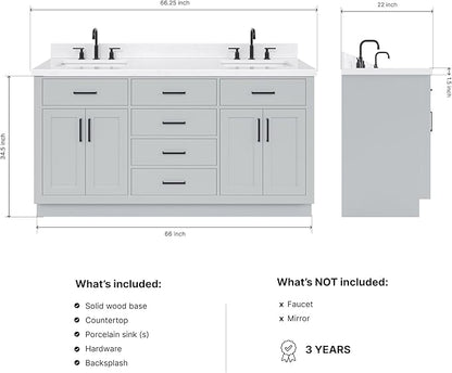 DKB Isabella 66" Grey Double Bathroom Vanity with Sink and Countertop, 1.5" Edge Carrara Quartz Top, Double Rectangular Sinks, 4 Soft Closing Doors, 6 Dovetail Drawers