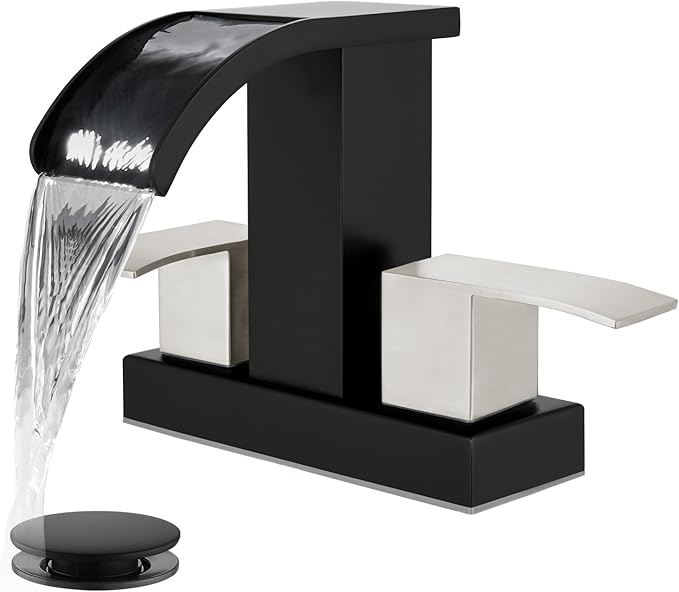 gotonovo Waterfall 4 Inch Centerset Bathroom Sink Faucet 2 Handle Basin Faucets 2 or 3 Hole Deck Mount with Pop Up Drain Included Lavatory Modern Mixer Tap Vanity Faucet Matte Black & Brushed Nickel