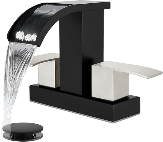 gotonovo Waterfall 4 Inch Centerset Bathroom Sink Faucet 2 Handle Basin Faucets 2 or 3 Hole Deck Mount with Pop Up Drain Included Lavatory Modern Mixer Tap Vanity Faucet Matte Black & Brushed Nickel