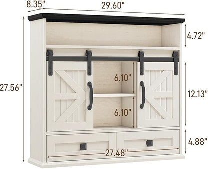 Vabches Bathroom Wall Cabinet, Farmhouse Medicine Cabinet with Double Sliding Barn Door and Storage Drawer, Wooden Vintage Storage Cabinet Wall Mounted for Bathroom, Kitchen, Rustic White and Black