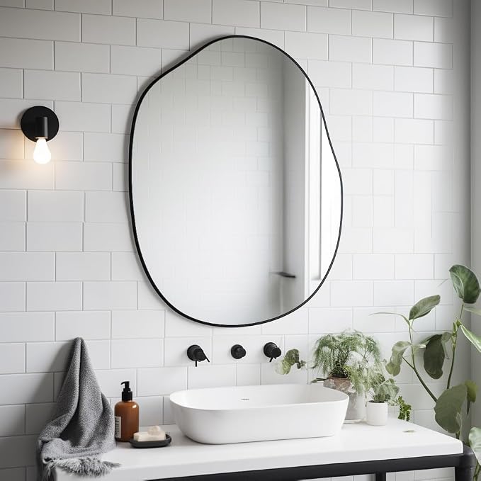 Black Irregular Mirror for Bathroom Asymmetrical Wood Vanity Mirror 24"x32" | Farmhouse Accent Vanity Mirror Hanging Horizontal/Vertical Black Wood Wall Mirror Decorative for Bathroom Bedroom Entryway