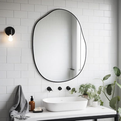 Black Irregular Mirror for Bathroom Asymmetrical Wood Vanity Mirror 24"x32" | Farmhouse Accent Vanity Mirror Hanging Horizontal/Vertical Black Wood Wall Mirror Decorative for Bathroom Bedroom Entryway