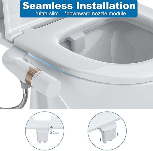 Bidet Attachment for Toilet Seat, Dual Nozzle Rear/Feminine Wash, Self Cleaning Sprayer, Non Electric Bidet with Adjustable Cold Water Pressure
