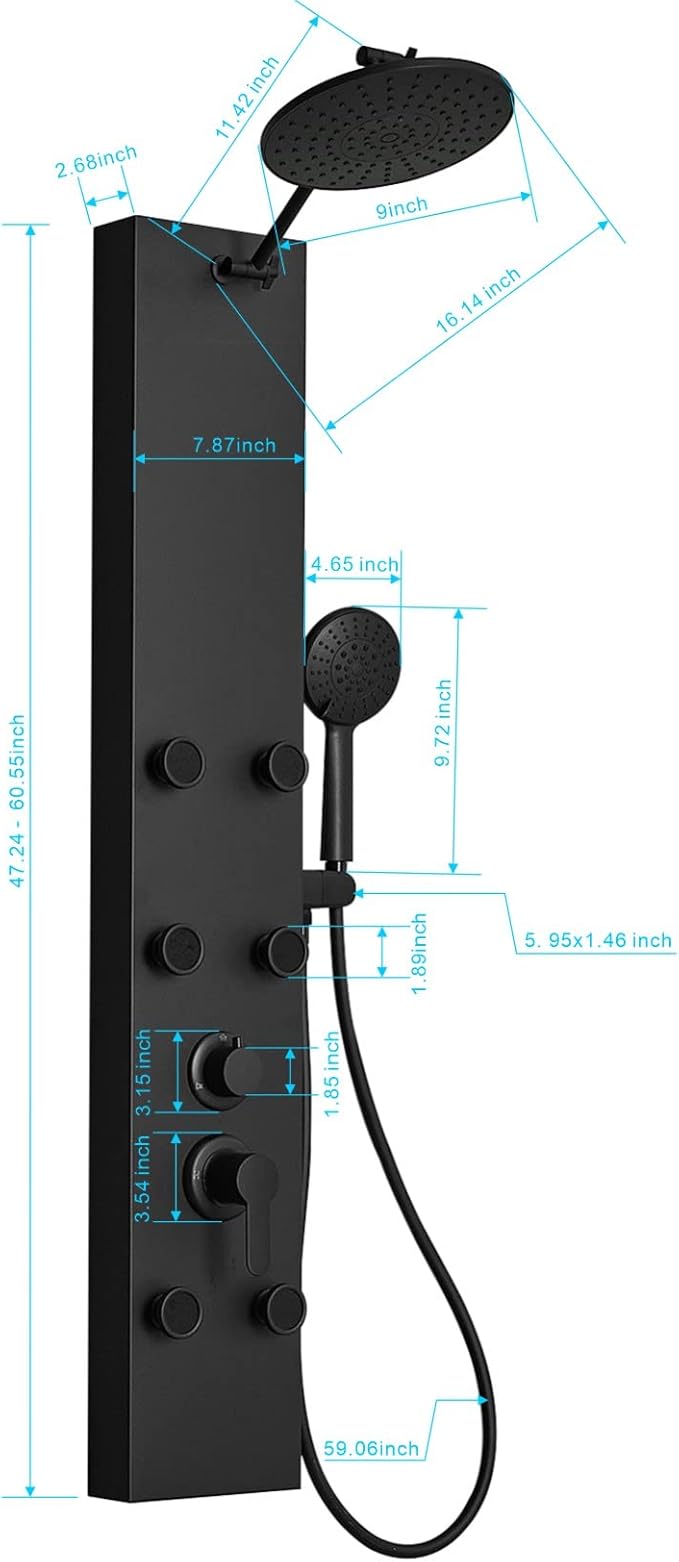Black Shower Panel Tower System with Rainfall Shower Head, 304 Stainless Steel Shower Panels System with 9-inch Rainfall Shower 6 Rain Massage Body Jets for Bathroom Lavatory Wash