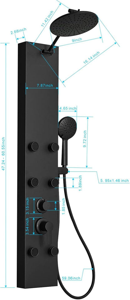 Black Shower Panel Tower System with Rainfall Shower Head, 304 Stainless Steel Shower Panels System with 9-inch Rainfall Shower 6 Rain Massage Body Jets for Bathroom Lavatory Wash