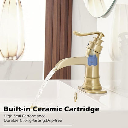 BWE Brass Gold Waterfall Sink Faucet for Modern & Traditional Bathroom | Wide Waterfall Spout, Ceramic Cartridge, Fits 1 or 3-Hole Sink, Single Handle, Hardware Kit Included, Not for Vessel Sink