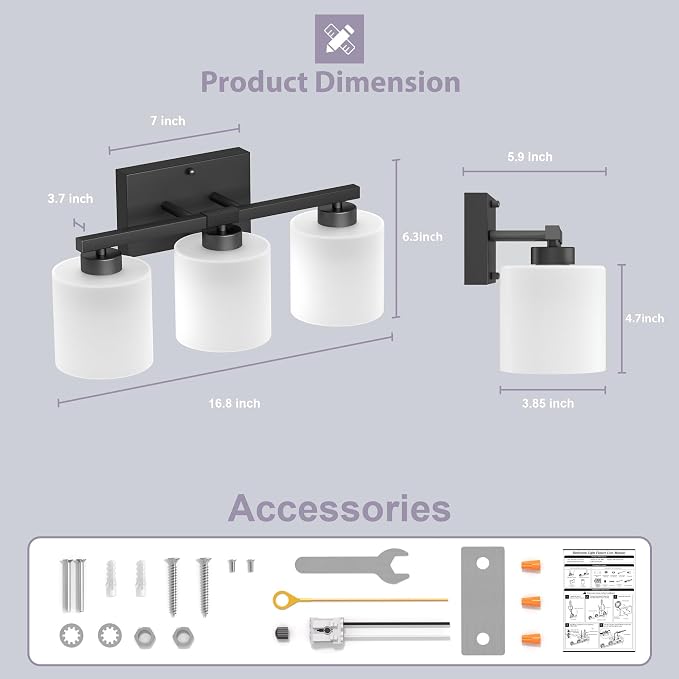 Honesorn Bathroom Light Fixtures Black, 3-Light Vanity Lights Over Mirror | Modern Bathroom Vanity Light, Frosted Shades, Bathroom Lights Over Mirror, E26 Socket (Bulbs Not Included)