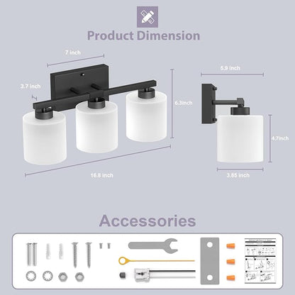 Honesorn Bathroom Light Fixtures Black, 3-Light Vanity Lights Over Mirror | Modern Bathroom Vanity Light, Frosted Shades, Bathroom Lights Over Mirror, E26 Socket (Bulbs Not Included)