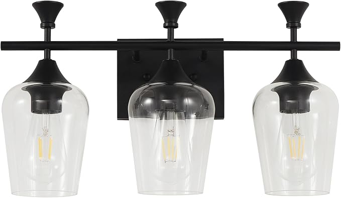 Bathroom Light Fixtures (3-Light, 19 Inch), Matte Black Vanity Lights for Bathroom with Clear Wine Glass Glass Shade, Modern Vanity Wall Lights for Mirror Bedroom Living Room Kitchen Hallway Porch