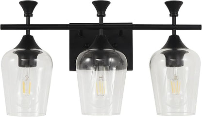 Bathroom Light Fixtures (3-Light, 19 Inch), Matte Black Vanity Lights for Bathroom with Clear Wine Glass Glass Shade, Modern Vanity Wall Lights for Mirror Bedroom Living Room Kitchen Hallway Porch