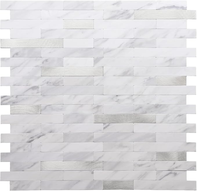 STICKGOO Peel and Stick Backsplash, PVC Wall Tiles Stick on Backsplash for Kitchen(1 Sheet, White Marble with Metal Silver)