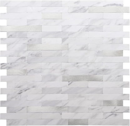 STICKGOO Peel and Stick Backsplash, PVC Wall Tiles Stick on Backsplash for Kitchen(1 Sheet, White Marble with Metal Silver)