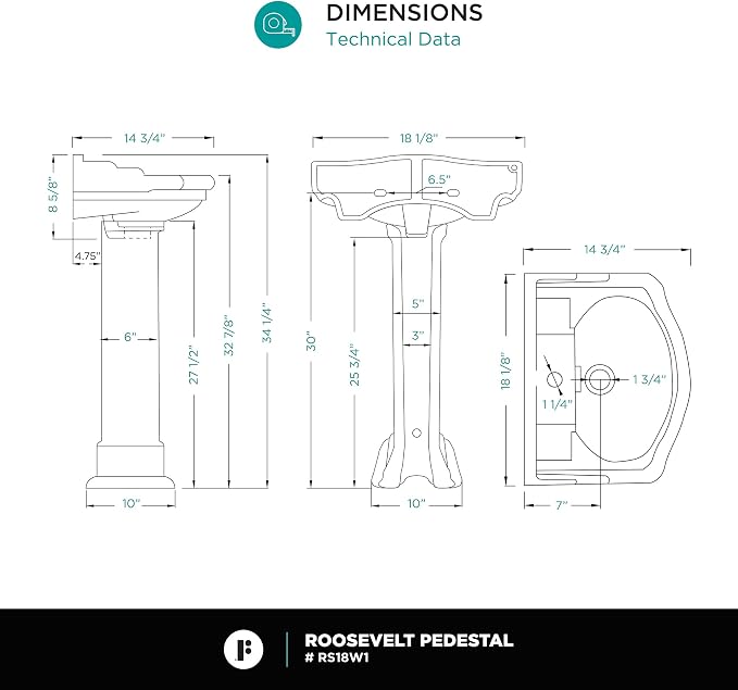 Roosevelt Bathroom Pedestal Sink – 18-Inch Small Pedestal Sink, Durable Vitreous China Ceramic with Single Hole Bathroom Sink Faucet – Ideal for Modern Bathrooms