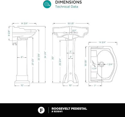 Roosevelt Bathroom Pedestal Sink – 18-Inch Small Pedestal Sink, Durable Vitreous China Ceramic with Single Hole Bathroom Sink Faucet – Ideal for Modern Bathrooms