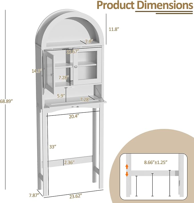 Spurgehom Over The Toilet Storage Cabinet with Glass Door (White) | Freestanding Bathroom Shelf Equipped with Anti-Tipping Device, Space-Saving Vertical Toiletries Storage Cabinet