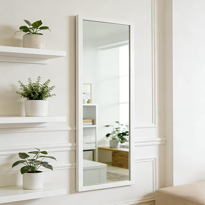 whitebeach 48" x 16" Over The Door Full Length Mirror Wall Mounted Hanging with 2 Metal Hangers for Bedroom Living Room Bathroom White