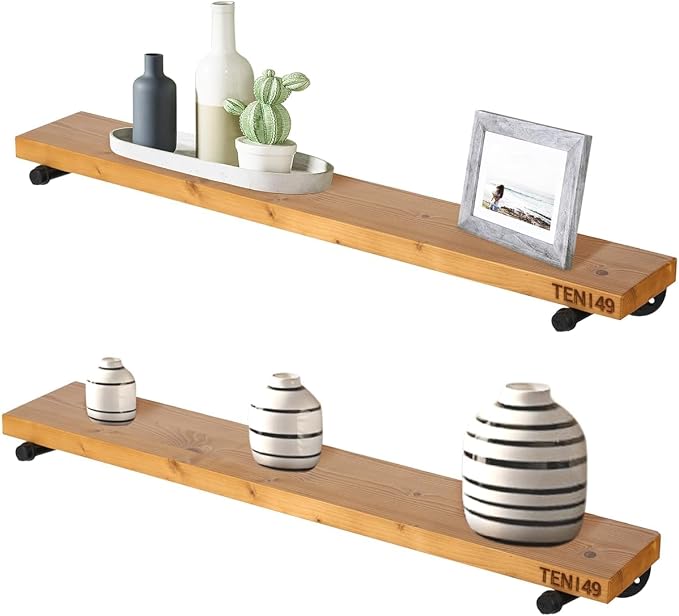 TEN49 Real Wood Rustic Floating Shelves Wall - 36 Wide Small Wooden Industrial Pipe Shelving - Farmhouse Pipe Wall Shelves Furniture Bathroom Decor Art Shelf Kitchen - Light Walnut Color - Set of 2
