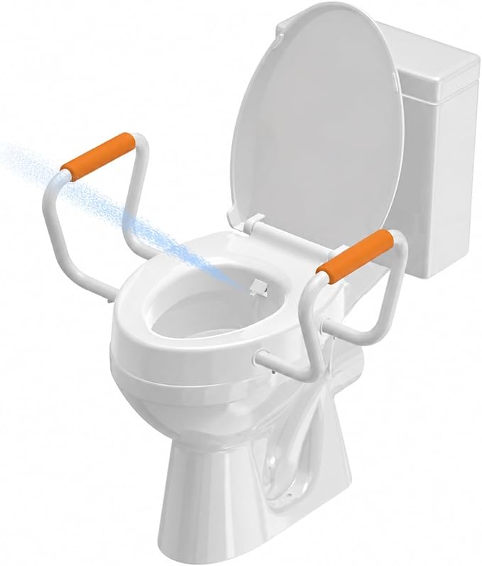 Huttdmel Elongated Bidet Toilet Seat with Handles, 2.8" Elevated Toilet Seat Riser, Soft Close, Quick Release, Non-Slip, No-Electric Wash, Adjustable Spray for Seniors, Elderly & Disabled,White