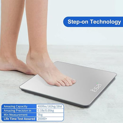 Homebuds Bathroom Scale for Body Weight High Precision 0.1lb, 400lb, Silver | Professional Factory Since 2001 Digital Weight Loss Scales Bathroom Accessories LED & Step-On, Tempered Glass, 3*AAA Included