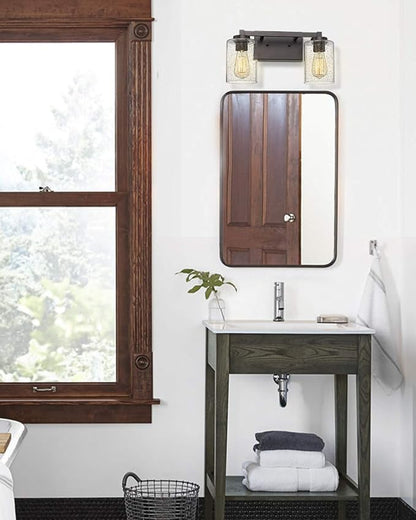 Beionxii 16In Farmhouse Bathroom Light Fixtures,Rustic Vanity Light Fixture | 2-Light Bathroom Vanity Light Fixture, Seeded Glass Shade, Oil Rubbed Bronze Over Mirror for Bathroom Living Room, BXMB9002-2