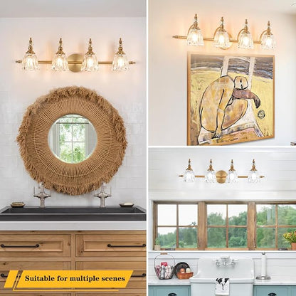 Brushed Antigue Brass Bathroom Light Fixtures 4 Lights, Antique Brass Vanity Light, Vanity Light Over Mirror, Vintage Bathroom Light with Clear Flower Glass, Lights for Wall Interior Hallway