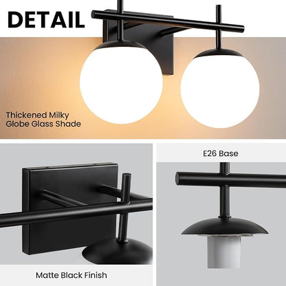 AIJIASI Black Bathroom Light Fixture Over Mirror, 2-Lights Vanity Lights with Milky White Frosted Glass Shade Mid Century Farmhouse Light Fixtures for Bathroom Above Mirror (Exclude E26 Bulb)