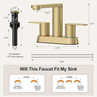 BWE Brushed Gold Bathroom Faucets 4 Inch Centerset Faucet for Bathroom Sink | 2 or 3 Hole Basin 2-Handle 360° Swivel Spout Bathroom Sink Faucet with Pop up Drain Water Supply Hose for Farmhouse Vanity RV