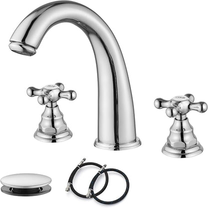 gotonovo Widespread Bathroom Sink Faucet 3 Hole Polished Chrome,H&C Label | Vintage 8’’ Bathroom Faucet,2 Cross Handle,6-16’’ Sink,Vanity,RV,Farmhouse,SUS304,24’’ cUPC Hose,Pop Up Drain,Deck Mount