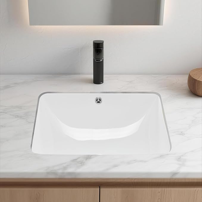 VEVOR Undermount Bathroom Sink, 20.28 x 15.16 Inch Rectangular White Ceramic Vessel Sink with Overflow Hole, Under Counter Drop in Modern Lavatory Vanity Bath Wash Bowl Basin, Rectangle Small Space