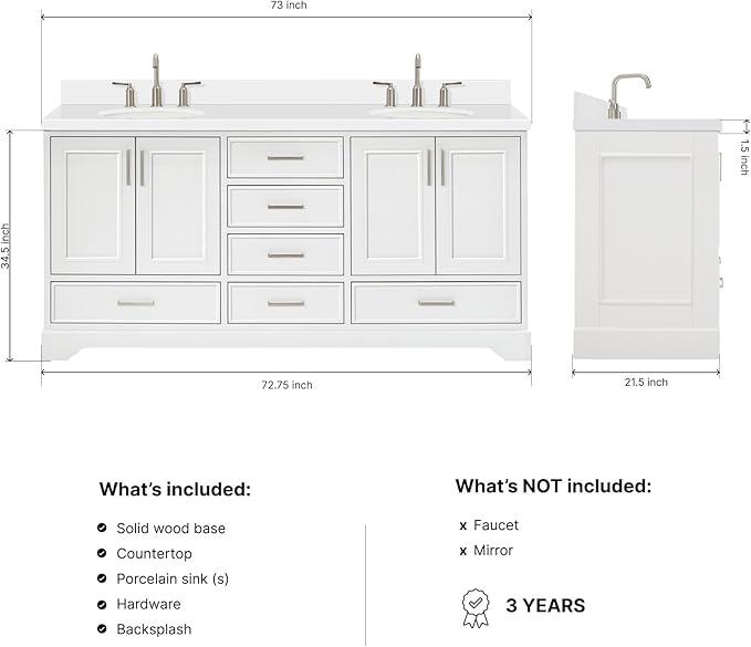 ARIEL Stafford 72-inch Bathroom Vanity with Sink,Solid Wood, 1.5-inch Pure White Quartz Countertop & Backsplash, Double Oval Porcelain Sink, 4 Soft Closing Doors, 6 Dovetail Drawers, White