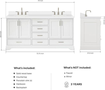 ARIEL Stafford 72-inch Bathroom Vanity with Sink,Solid Wood, 1.5-inch Pure White Quartz Countertop & Backsplash, Double Oval Porcelain Sink, 4 Soft Closing Doors, 6 Dovetail Drawers, White