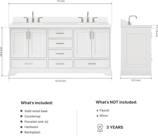 ARIEL Stafford 72-inch Bathroom Vanity with Sink,Solid Wood, 1.5-inch Pure White Quartz Countertop & Backsplash, Double Oval Porcelain Sink, 4 Soft Closing Doors, 6 Dovetail Drawers, White