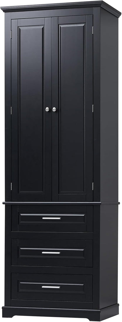 Merax 70" Pantry Cabinet with Two Doors & Three Drawer, Adjustable Shelves Storage Cupboard for Kitchen/Dining Room/Bathroom, Black