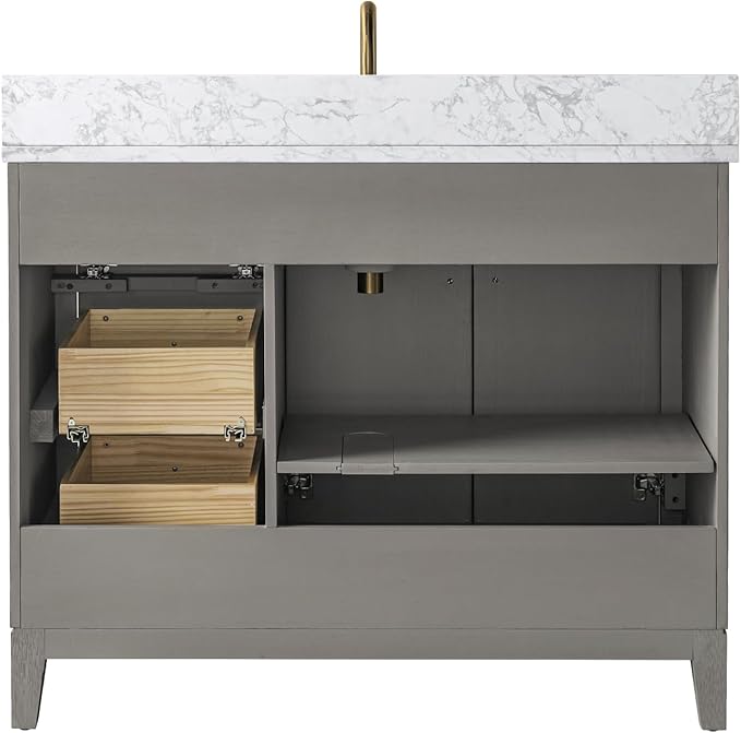 Vanity Art 42" Bathroom Vanity with Single Sink & Arabescato White Engineered Stone Top, Vanity Cabinet with Soft Closing Door, Solid Wood Frame, Golden Brushed Handles, Driftwood Gray VA8142-DG-GB