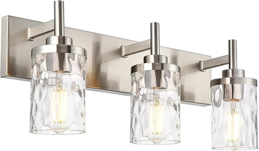 3 Light Bathroom Vanity Lighting Fixtures,Brushed Nickel VanityLighting with Clear Hammered Shade Wall Sconce Lighting Modern Farmhouse Bath Lighting