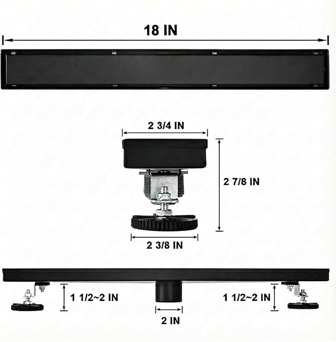 Linear Shower Floor Drain, Black 18 Inch 304 Stainless Steel Bathroom Drains Kit, Rectangular Shower Trench Drain with Reversable Tile-in Pattern Drain Cover & Hair Catcher